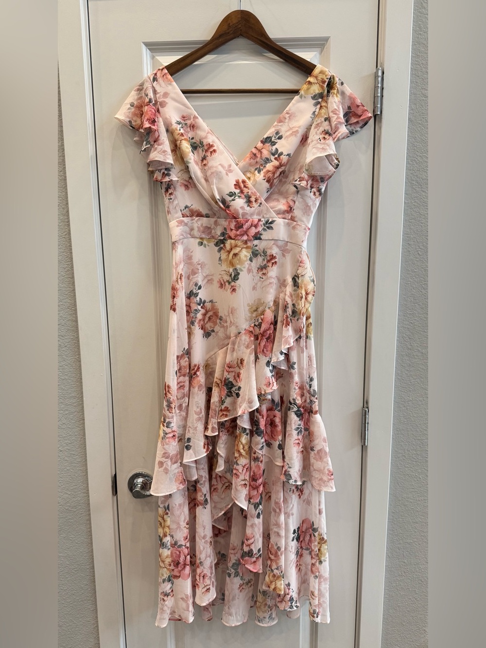 Ever New Blush Pink Floral Wrap High-Low Ruffle Dress